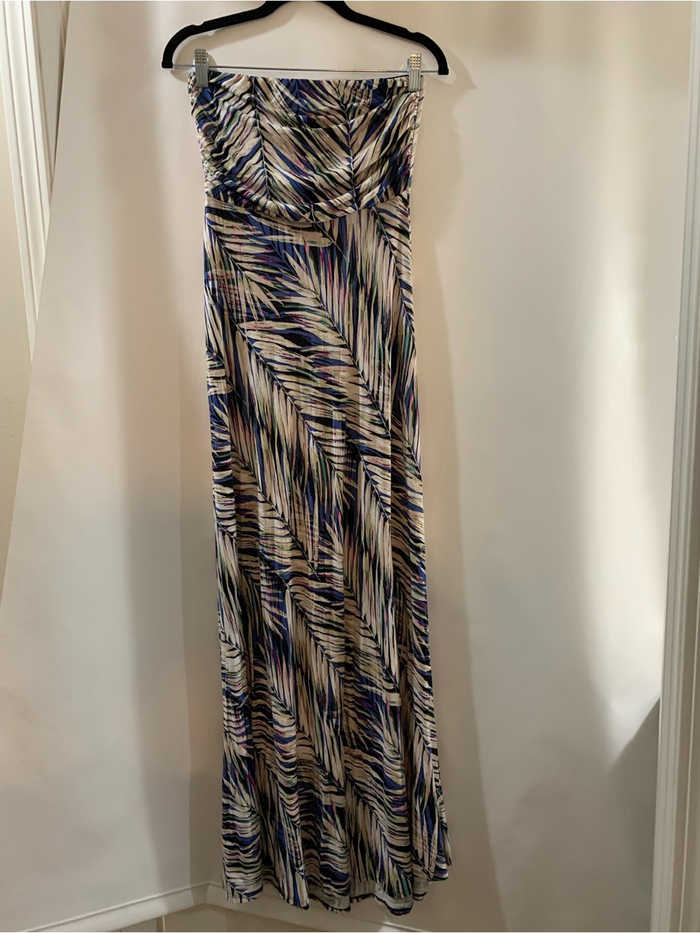 Banana Republic Strapless Maxi Dress in Navy, Cream & Pink Palm Print